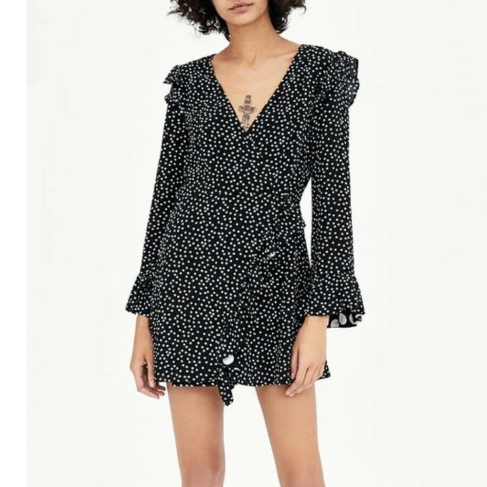 ZARA trf Black White Polka Dot Long Sleeve Ruffle Romper XS
